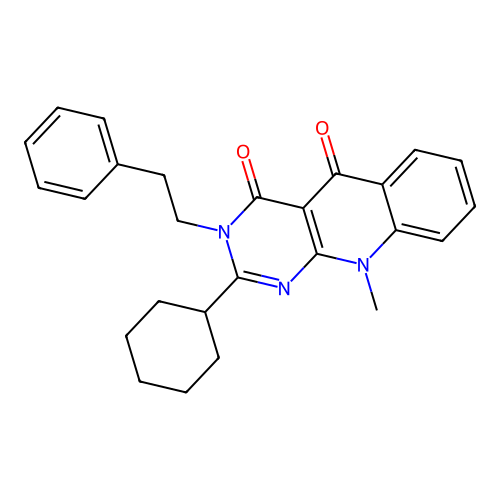 2-cyclohexyl-10-methyl-3-phenethylpyrimido[4,5-b]quinoline-4,5-dione structure