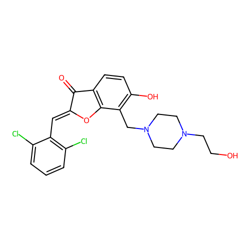 (Z)-2-(2,6-dichlorobenzylidene)-6-hydroxy-7-((4-(2-hydroxyethyl)piperazin-1-yl)methyl)benzofuran-3(2H)-one structure