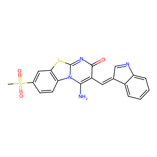 (3Z)-4-imino-3-(1H-indol-3-ylmethylidene)-8-(methylsulfonyl)-3,4-dihydro-2H-pyrimido[2,1-b][1,3]benzothiazol-2-one structure