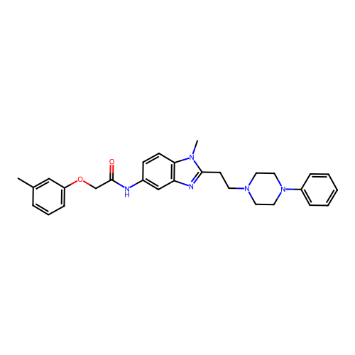 2-(3-methylphenoxy)-N-[1-methyl-2-[2-(4-phenylpiperazin-1-yl)ethyl]benzimidazol-5-yl]acetamide structure