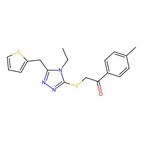 2-[[4-ethyl-5-(thiophen-2-ylmethyl)-1,2,4-triazol-3-yl]sulfanyl]-1-(4-methylphenyl)ethanone structure
