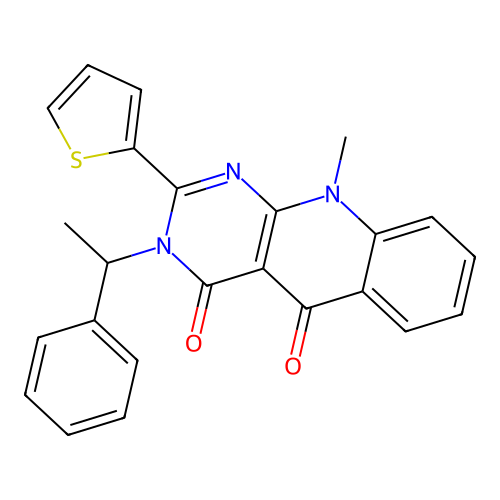10-methyl-3-(1-phenylethyl)-2-(thiophen-2-yl)pyrimido[4,5-b]quinoline-4,5(3H,10H)-dione structure