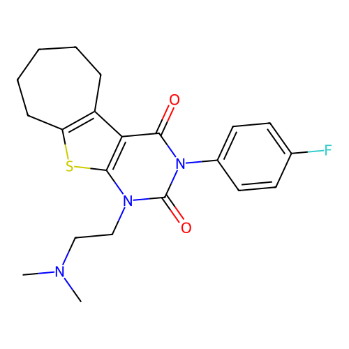 1-(2-Dimethylamino-ethyl)-3-(4-fluoro-phenyl)-1,5,6,7,8,9-hexahydro-10-thia-1,3-diaza-benzo[a]azulene -2,4-dione structure