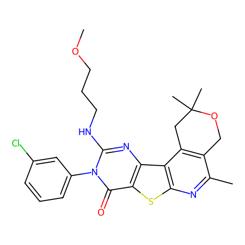 9-(3-chlorophenyl)-10-((3-methoxypropyl)amino)-2,2,5-trimethyl-4,9-dihydro-1H-pyrano[4'',3'':4',5']pyrido[3',2':4,5]thieno[3,2-d]pyrimidin-8(2H)-one structure