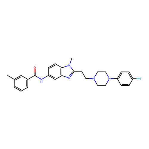 N-(2-(2-(4-(4-fluorophenyl)piperazin-1-yl)ethyl)-1-methyl-1H-benzo[d]imidazol-5-yl)-3-methylbenzamide structure