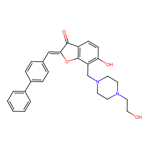 (Z)-2-([1,1'-biphenyl]-4-ylmethylene)-6-hydroxy-7-((4-(2-hydroxyethyl)piperazin-1-yl)methyl)benzofuran-3(2H)-one structure