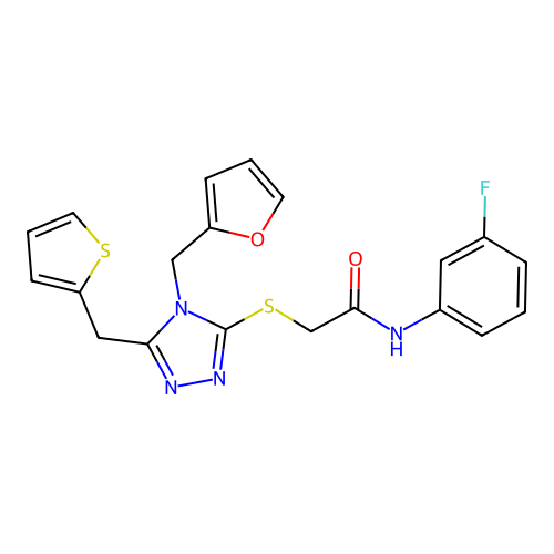 N-(3-fluorophenyl)-2-((4-(furan-2-ylmethyl)-5-(thiophen-2-ylmethyl)-4H-1,2,4-triazol-3-yl)thio)acetamide structure