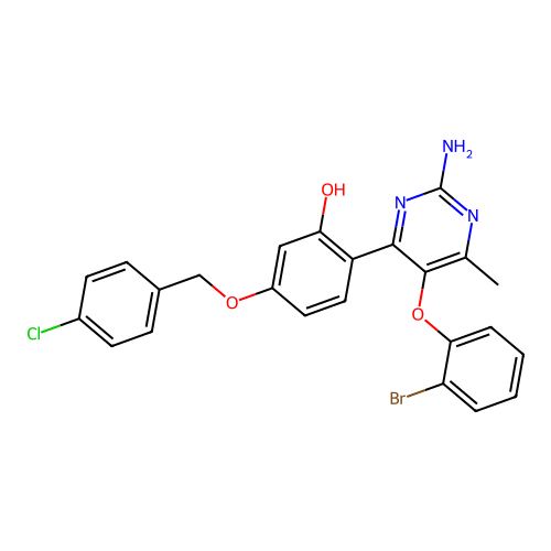 2-[2-amino-5-(2-bromophenoxy)-6-methylpyrimidin-4-yl]-5-[(4-chlorobenzyl)oxy]phenol structure