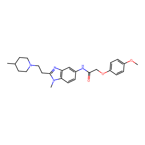 2-(4-methoxyphenoxy)-N-(1-methyl-2-(2-(4-methylpiperidin-1-yl)ethyl)-1H-benzo[d]imidazol-5-yl)acetamide structure
