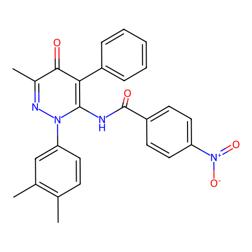 N-[2-(3,4-dimethylphenyl)-6-methyl-5-oxo-4-phenyl-pyridazin-3-yl]-4-nitro-benzamide structure