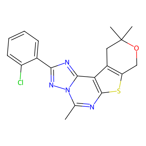 2-(2-chlorophenyl)-5,10,10-trimethyl-10,11-dihydro-8H-pyrano[4',3':4,5]thieno[3,2-e][1,2,4]triazolo[1,5-c]pyrimidine structure