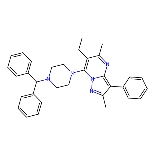 7-(4-benzhydrylpiperazin-1-yl)-6-ethyl-2,5-dimethyl-3-phenylpyrazolo[1,5-a]pyrimidine structure
