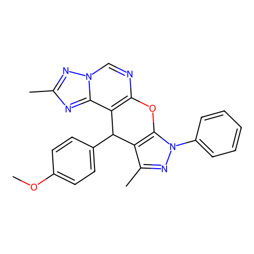 11-(4-methoxyphenyl)-2,10-dimethyl-8-phenyl-8,11-dihydropyrazolo[4',3':5,6]pyrano[3,2-e][1,2,4]triazolo[1,5-c]pyrimidine structure