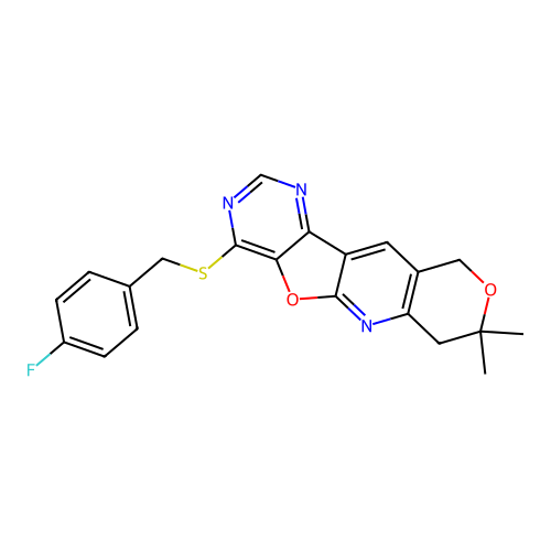 4-[(4-fluorobenzyl)sulfanyl]-8,8-dimethyl-7,10-dihydro-8H-pyrano[3'',4'':5',6']pyrido[3',2':4,5]furo[3,2-d]pyrimidine structure