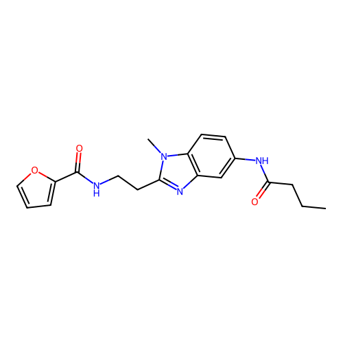 N-{2-[5-(butanoylamino)-1-methyl-1H-benzimidazol-2-yl]ethyl}furan-2-carboxamide structure