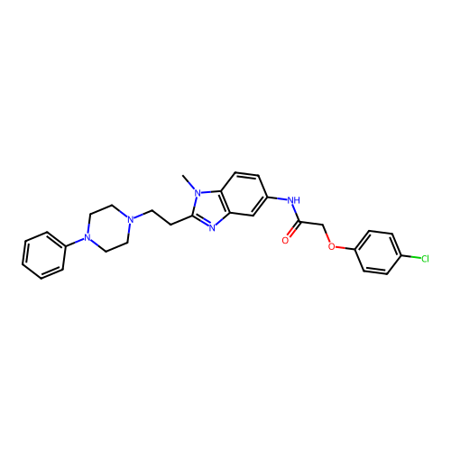 2-(4-chlorophenoxy)-N-(1-methyl-2-(2-(4-phenylpiperazin-1-yl)ethyl)-1H-benzo[d]imidazol-5-yl)acetamide structure