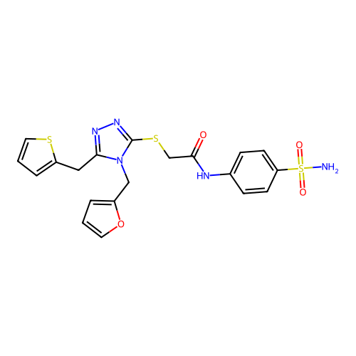 2-((4-(furan-2-ylmethyl)-5-(thiophen-2-ylmethyl)-4H-1,2,4-triazol-3-yl)thio)-N-(4-sulfamoylphenyl)acetamide structure