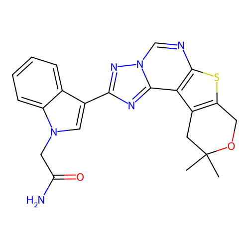 2-(3-(10,10-dimethyl-10,11-dihydro-8H-pyrano[4',3':4,5]thieno[3,2-e][1,2,4]triazolo[1,5-c]pyrimidin-2-yl)-1H-indol-1-yl)acetamide structure