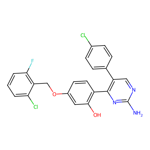 2-[2-amino-5-(4-chlorophenyl)-4-pyrimidinyl]-5-[(2-chloro-6-fluorobenzyl)oxy]phenol structure