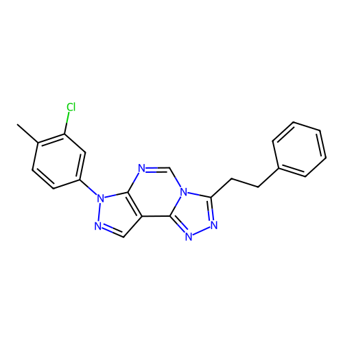 3-(3-chloro-4-methylphenyl)-7-(2-phenylethyl)-6-hydropyrazolo[5,4-d]1,2,4-tria zolo[4,3-e]pyrimidine structure