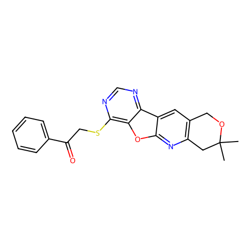 2-((8,8-dimethyl-8,10-dihydro-7H-pyrano[3'',4'':5',6']pyrido[3',2':4,5]furo[3,2-d]pyrimidin-4-yl)thio)-1-phenylethanone structure