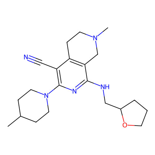 7-methyl-3-(4-methylpiperidin-1-yl)-1-(((tetrahydrofuran-2-yl)methyl)amino)-5,6,7,8-tetrahydro-2,7-naphthyridine-4-carbonitrile structure