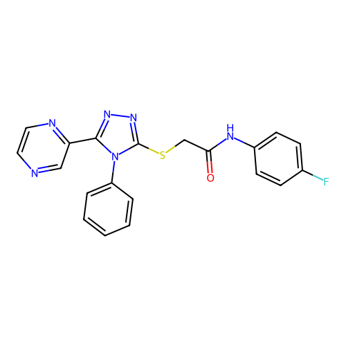 N-(4-fluorophenyl)-2-[(4-phenyl-5-pyrazin-2-yl-1,2,4-triazol-3-yl)sulfanyl]acetamide structure