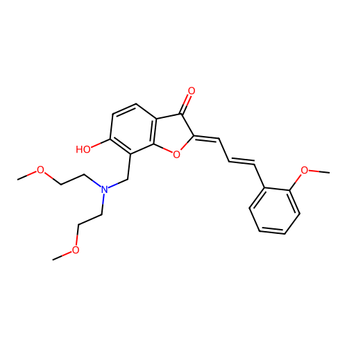 (2Z)-7-{[bis(2-methoxyethyl)amino]methyl}-6-hydroxy-2-[(2E)-3-(2-methoxyphenyl)prop-2-en-1-ylidene]-1-benzofuran-3(2H)-one structure