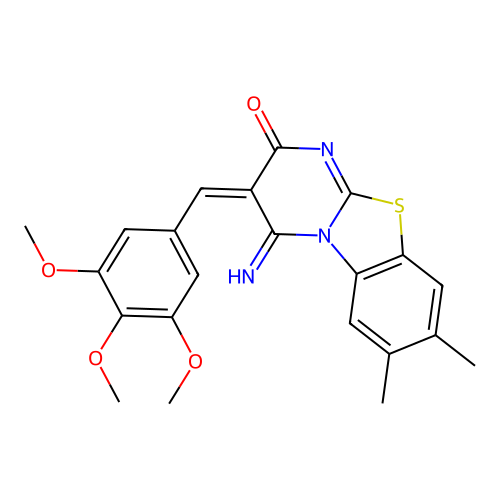 (E)-4-imino-7,8-dimethyl-3-(3,4,5-trimethoxybenzylidene)-3,4-dihydro-2H-benzo[4,5]thiazolo[3,2-a]pyrimidin-2-one structure