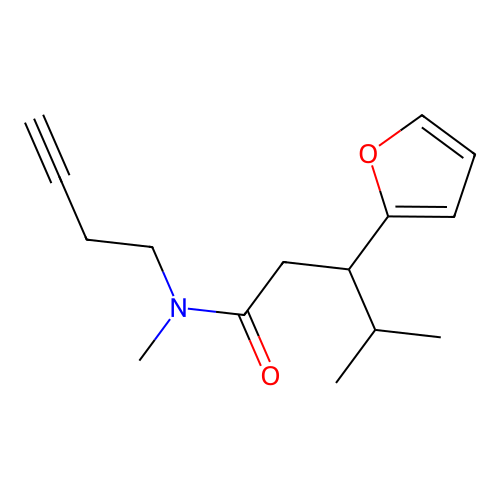 N-(but-3-yn-1-yl)-3-(furan-2-yl)-N,4-dimethylpentanamide structure