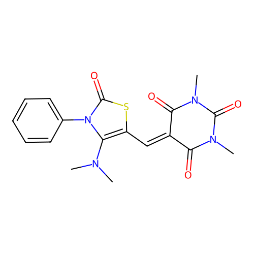 5-((4-(dimethylamino)-2-oxo-3-phenyl-2,3-dihydrothiazol-5-yl)methylene)-1,3-dimethylpyrimidine-2,4,6(1H,3H,5H)-trione structure