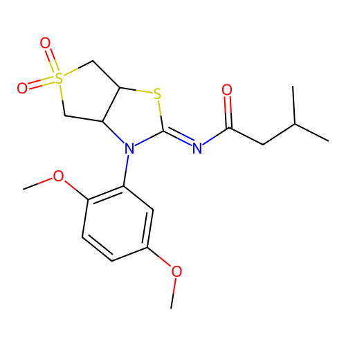 N-[(2Z)-3-(2,5-dimethoxyphenyl)-5,5-dioxidotetrahydrothieno[3,4-d][1,3]thiazol-2(3H)-ylidene]-3-methylbutanamide structure