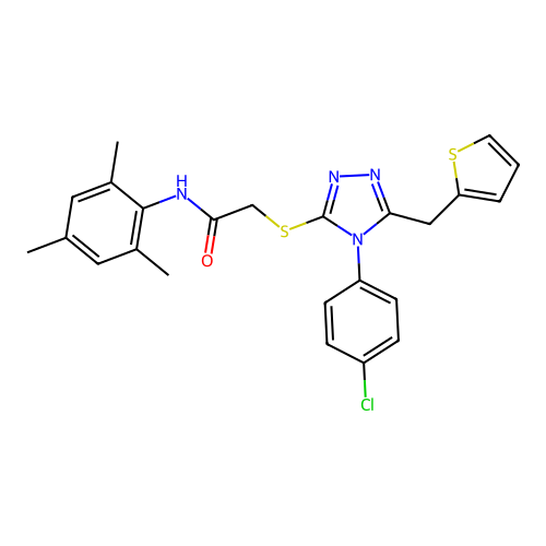 2-{[4-(4-chlorophenyl)-5-(thiophen-2-ylmethyl)-4H-1,2,4-triazol-3-yl]sulfanyl}-N-(2,4,6-trimethylphenyl)acetamide structure