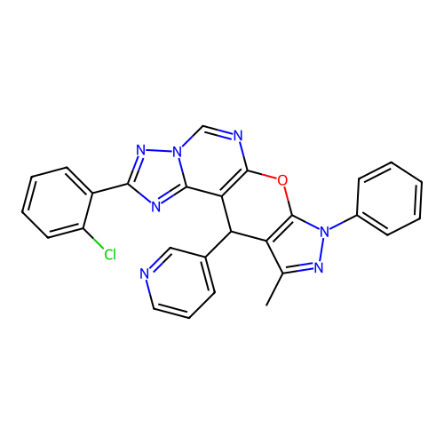 2-(2-chlorophenyl)-10-methyl-8-phenyl-11-(pyridin-3-yl)-8,11-dihydropyrazolo[4',3':5,6]pyrano[3,2-e][1,2,4]triazolo[1,5-c]pyrimidine structure