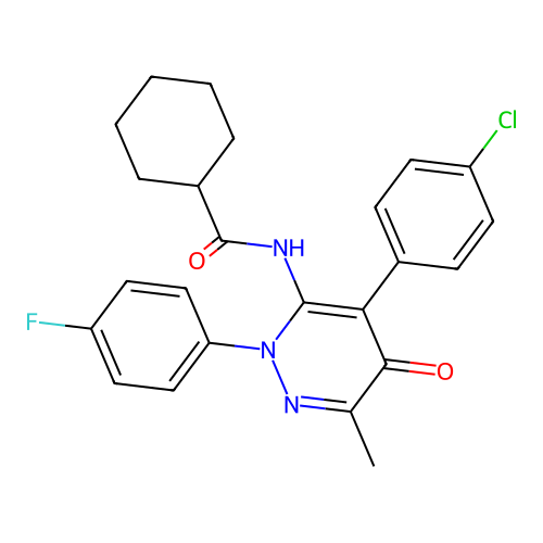 N-(4-(4-chlorophenyl)-2-(4-fluorophenyl)-6-methyl-5-oxo-2,5-dihydropyridazin-3-yl)cyclohexanecarboxamide structure