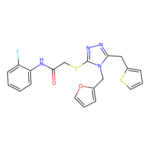 N-(2-fluorophenyl)-2-((4-(furan-2-ylmethyl)-5-(thiophen-2-ylmethyl)-4H-1,2,4-triazol-3-yl)thio)acetamide structure
