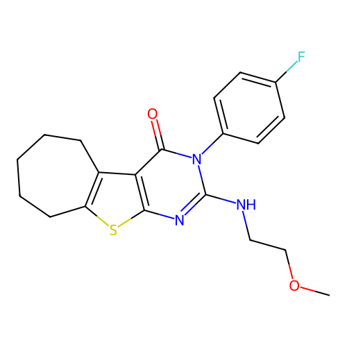 3-(4-fluorophenyl)-2-((2-methoxyethyl)amino)-6,7,8,9-tetrahydro-3H-cyclohepta[4,5]thieno[2,3-d]pyrimidin-4(5H)-one structure