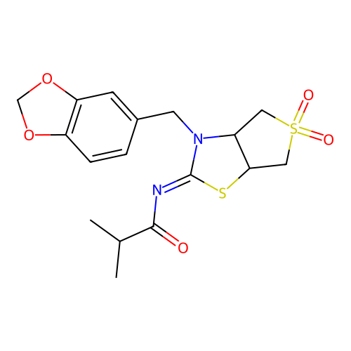 N-[(2Z)-3-(1,3-benzodioxol-5-ylmethyl)-5,5-dioxidotetrahydrothieno[3,4-d][1,3]thiazol-2(3H)-ylidene]-2-methylpropanamide structure