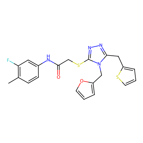 N-(3-fluoro-4-methylphenyl)-2-((4-(furan-2-ylmethyl)-5-(thiophen-2-ylmethyl)-4H-1,2,4-triazol-3-yl)thio)acetamide structure