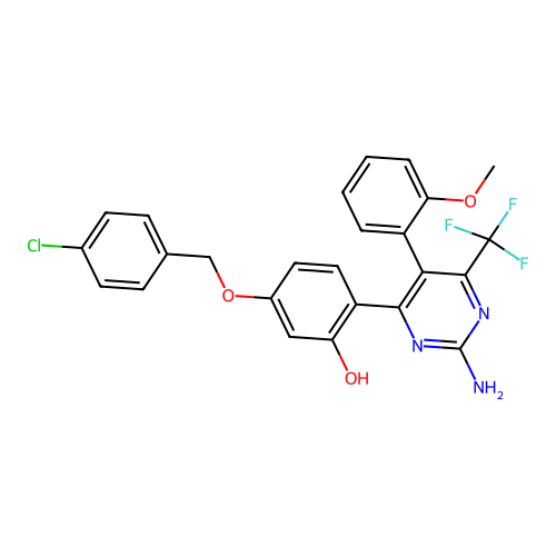 2-[2-amino-5-(2-methoxyphenyl)-6-(trifluoromethyl)-4-pyrimidinyl]-5-[(4-chlorobenzyl)oxy]phenol structure