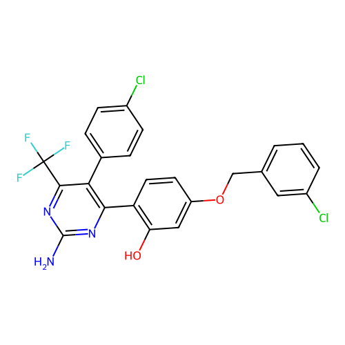 (6Z)-6-[2-amino-5-(4-chlorophenyl)-6-(trifluoromethyl)-1H-pyrimidin-4-ylidene]-3-[(3-chlorophenyl)methoxy]cyclohexa-2,4-dien-1-one structure