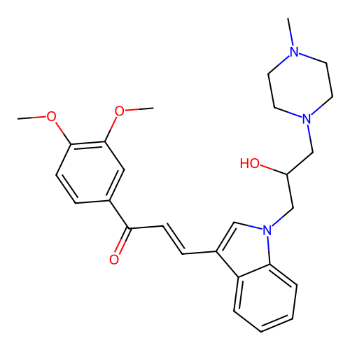 (2E)-1-(3,4-dimethoxyphenyl)-3-{1-[2-hydroxy-3-(4-methylpiperazin-1-yl)propyl]-1H-indol-3-yl}prop-2-en-1-one structure