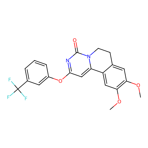 9,10-dimethoxy-2-[3-(trifluoromethyl)phenoxy]-6,7-dihydropyrimido[6,1-a]isoquinolin-4-one structure