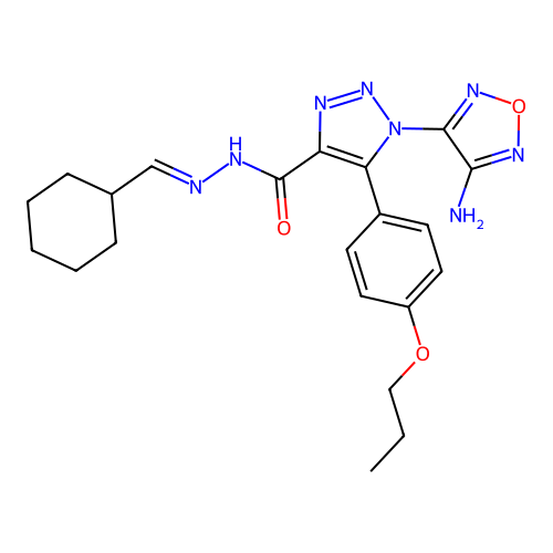 (E)-1-(4-amino-1,2,5-oxadiazol-3-yl)-N'-(cyclohexylmethylene)-5-(4-propoxyphenyl)-1H-1,2,3-triazole-4-carbohydrazide structure