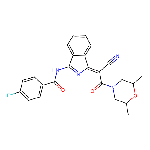 (Z)-N-(1-(1-cyano-2-(2,6-dimethylmorpholino)-2-oxoethylidene)-1H-isoindol-3-yl)-4-fluorobenzamide structure
