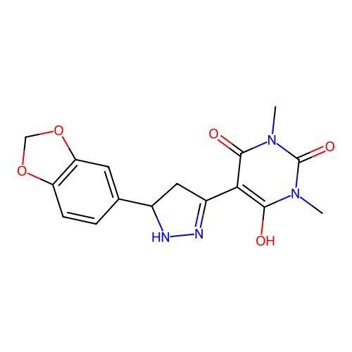 5-[5-(2H-1,3-BENZODIOXOL-5-YL)-4,5-DIHYDRO-1H-PYRAZOL-3-YL]-6-HYDROXY-1,3-DIMETHYL-1,2,3,4-TETRAHYDROPYRIMIDINE-2,4-DIONE structure