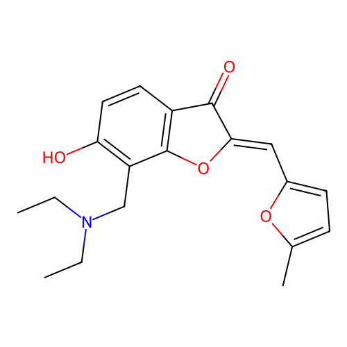 (Z)-7-((diethylamino)methyl)-6-hydroxy-2-((5-methylfuran-2-yl)methylene)benzofuran-3(2H)-one structure
