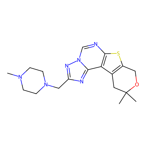 10,10-dimethyl-2-((4-methylpiperazin-1-yl)methyl)-10,11-dihydro-8H-pyrano[4',3':4,5]thieno[3,2-e][1,2,4]triazolo[1,5-c]pyrimidine structure
