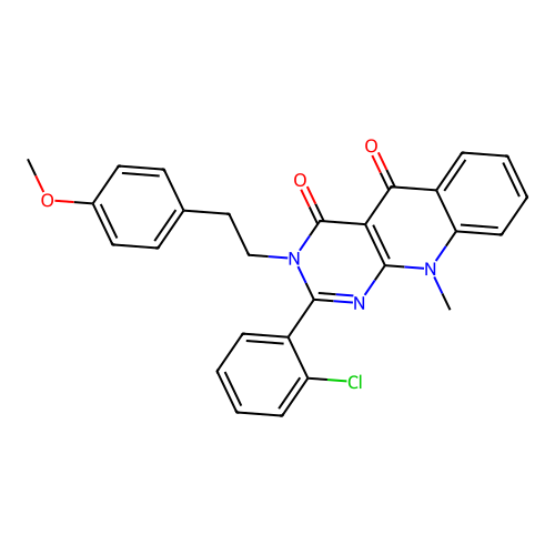 2-(2-chlorophenyl)-3-(4-methoxyphenethyl)-10-methylpyrimido[4,5-b]quinoline-4,5(3H,10H)-dione structure