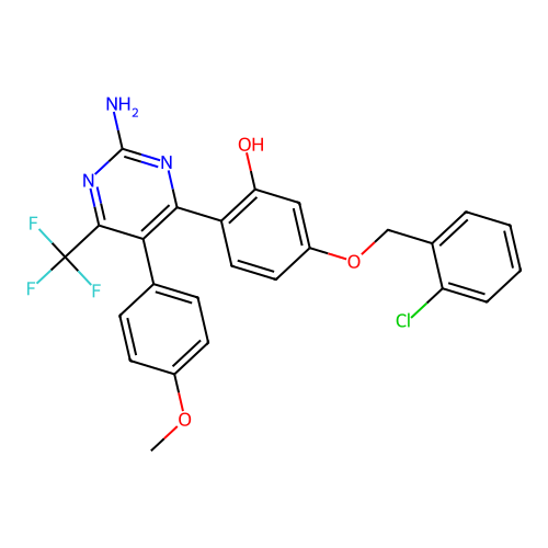 (6Z)-6-[2-amino-5-(4-methoxyphenyl)-6-(trifluoromethyl)-1H-pyrimidin-4-ylidene]-3-[(2-chlorophenyl)methoxy]cyclohexa-2,4-dien-1-one structure